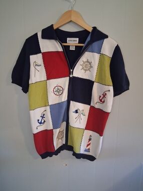 Vintage 90's Alfred Dunner Nautical Patchwork Cardigan Size Small